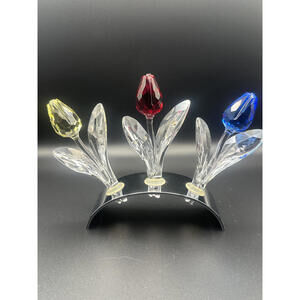 Set of 3 Crystal Tulip Figurines with Display Stand